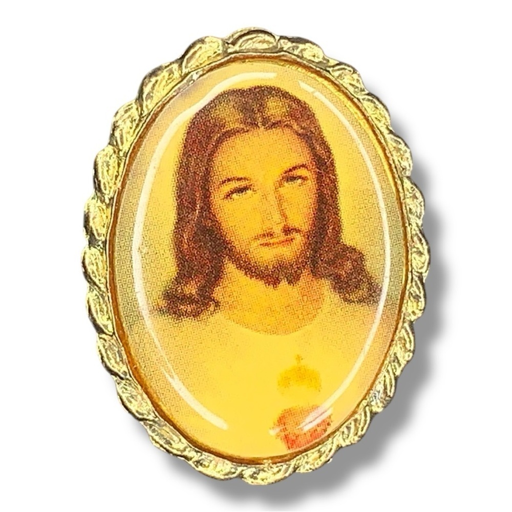 Vintage Sacred Heart of Jesus Christ Pin Lapel Religious Relic Rope Medal Frame